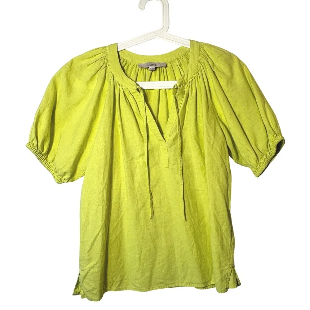 LOFT Lemon Lime Linen Blend‎ Puff Sleeve Blouse Split Neck Tie Top XS